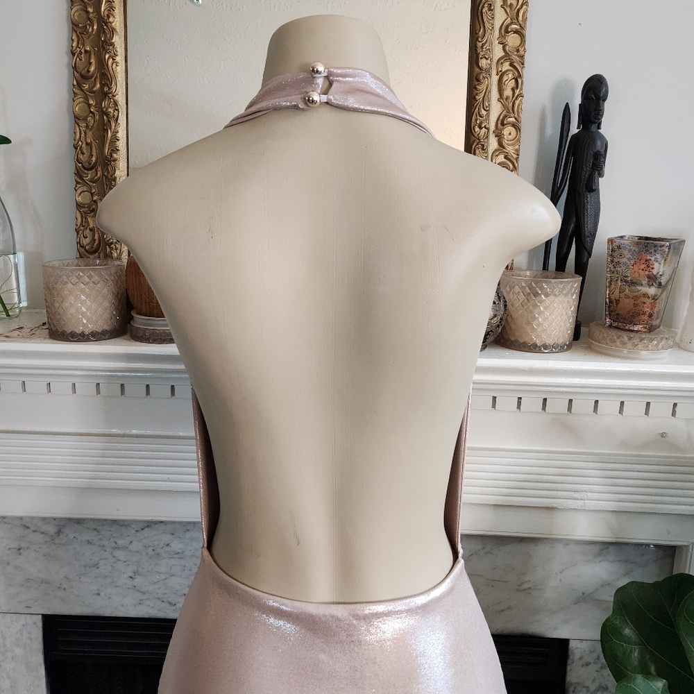 Club L London Gold Mini Halter Dress Size 6 Stretch Metallic Backless Glamoratti - Picture 12 of 15